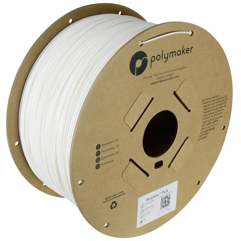 Eine Spule mit weißem PLA-Filament von Polymaker, geeignet für den 3D-Druck, mit Etikett und QR-Code auf der Verpackung.