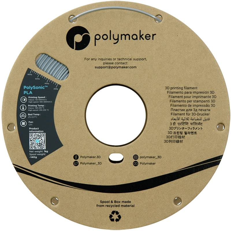 'Polymaker' 3D-Drucker-Filamentrolle aus recyceltem Material. Enthält Kontaktinformationen und QR-Code für weitere Details.