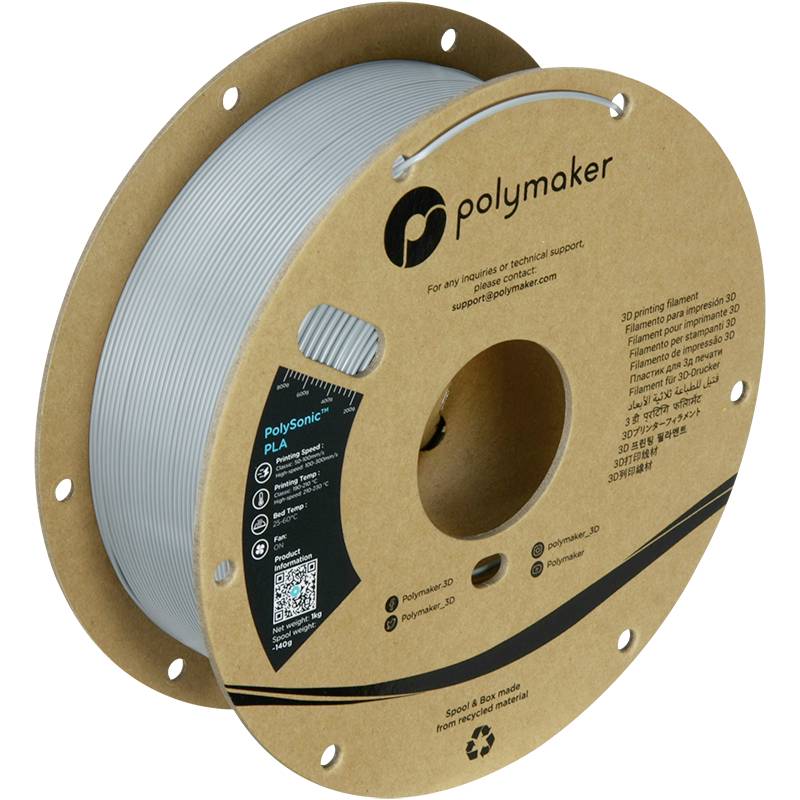Spule mit grauem 3D-Drucker-Filament von Polymaker, PLA-Material. Auf der Verpackung sind Markenlogo und QR-Code sichtbar.