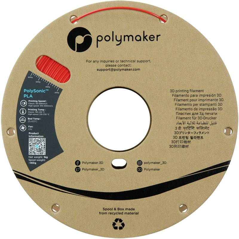 Eine Rolle Polymaker 3D-Druckfilament, PLA-Material, mit roten Filamenten. Enthält Informationen zur Produktbeschreibung und Kontaktdetails.
