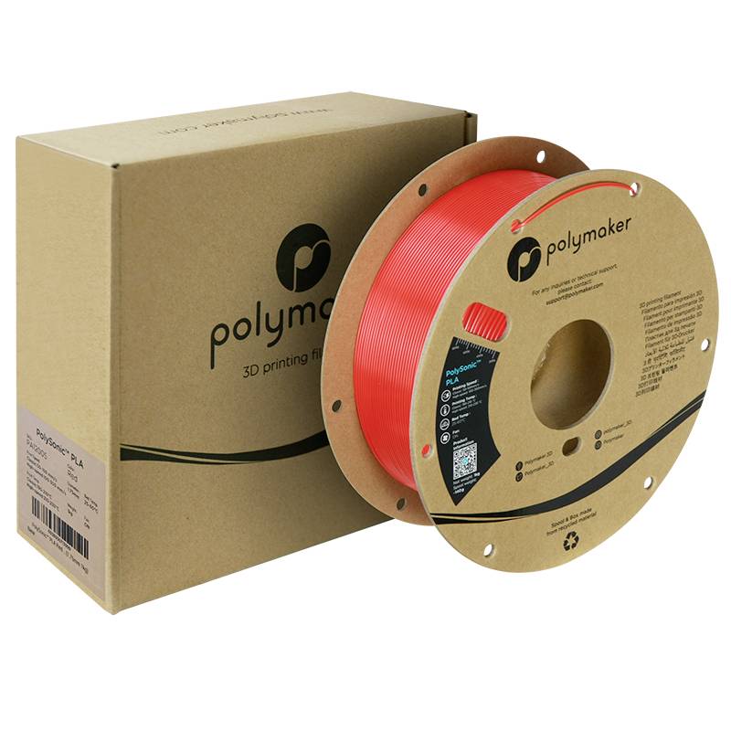 Rolle mit 3D-Druckfilament von Polymaker in Rot neben einer braunen Verpackungsschachtel. Geeignet für 3D-Druckzwecke.
