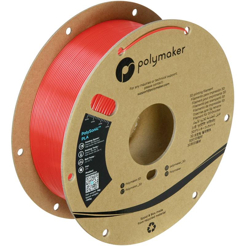 Rote Spule mit 3D-Druckfilament von Polymaker, Modell PolySonic PLA. Auf der Spule befinden sich Kontaktinformationen und Recyclinghinweise.