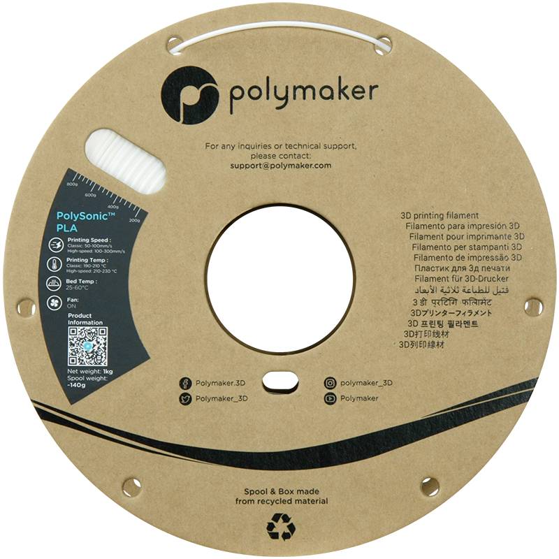 Verpackung der 3D-Druckerfilamentspule von Polymaker, mit Kontaktinformationen und Benutzerhinweisen für die PolySonic PLA-Serie.