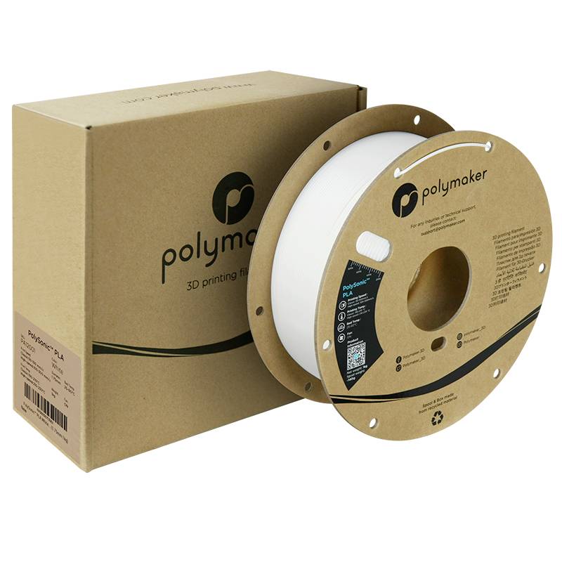 Eine Rolle weißes 3D-Druckfilament neben einer braunen Verpackung mit dem Aufdruck 'Polymaker 3D Printing Filament'.