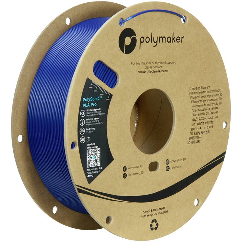 Eine Spule mit blauem 3D-Druckerfilament der Marke Polymaker. Auf dem Etikett befinden sich Kontaktinformationen und Filamentspezifikationen.