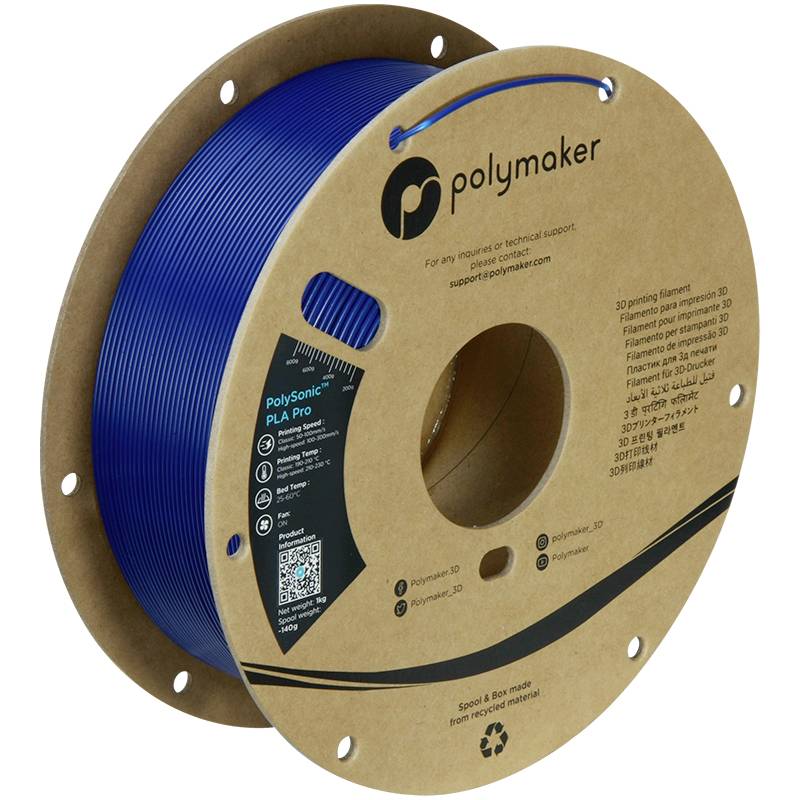 Große Spule mit blauem 3D-Drucker-Filament von Polymaker. Enthält Produktinformationen, Kontaktangaben und einen QR-Code.