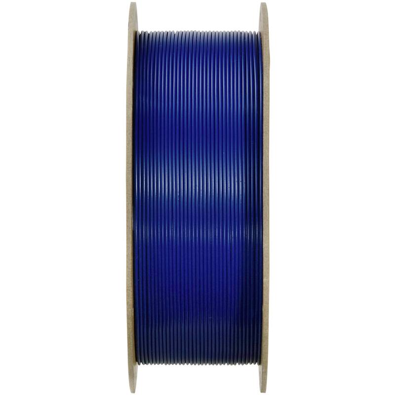 Eine blaue Spule für 3D-Druckfilament, zusammengewickelt und vertikal stehend.