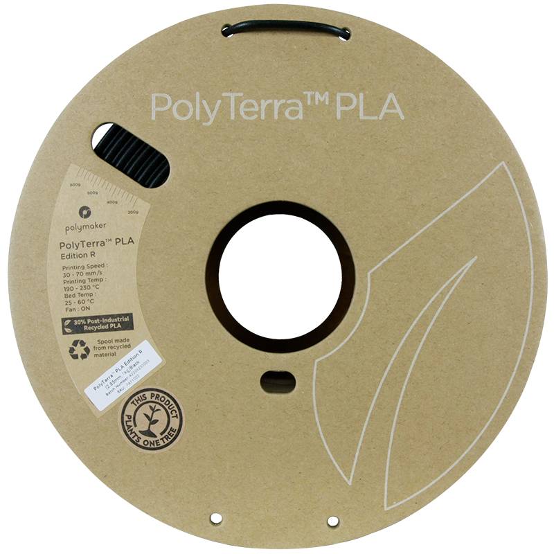 Eine Spule PolyTerra PLA Filament aus recyceltem Material von Polymaker, beige, mit Blattmotiv und Produkthinweis über Nachhaltigkeit.