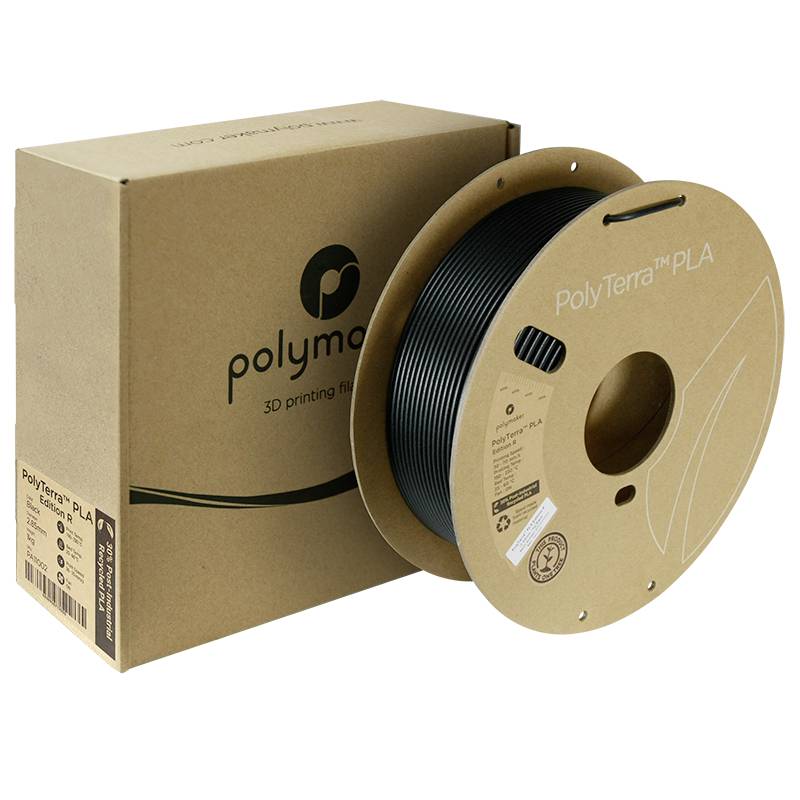 Die Abbildung zeigt eine Spule aus PolyTerra PLA-Filament für 3D-Drucker, neben ihrer Verpackung. Geeignet für umweltfreundlichen 3D-Druck.