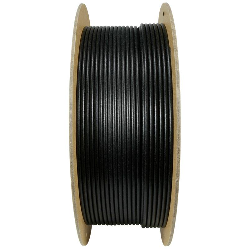 Eine schwarze Kunststoffspule mit Kabel auf einer Holzrolle, vertikal betrachtet.