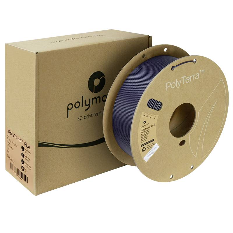 3D-Druckmaterial PolyTerra PLA, dunkelblau. Kartonverpackung und Spule sichtbar, recycelbar und umweltfreundlich.