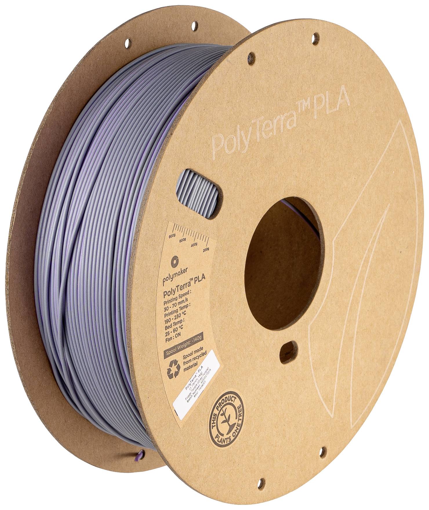Spule mit grauem 3D-Druckfilament aus nachhaltigem PLA-Material. Kartonverpackung mit Recycling-Symbol und Marke 'PolyTerra'.