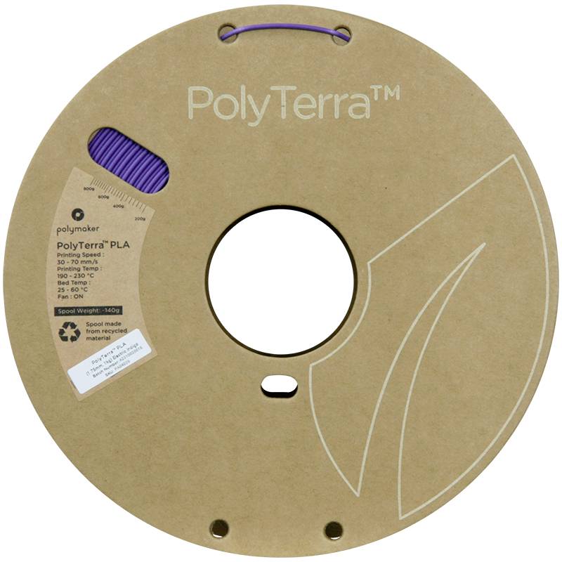 Eine Spule PolyTerra™ PLA-Filament von Polymaker, Farbe Lavendel. Die Spule ist aus nachhaltigem Karton gefertigt.