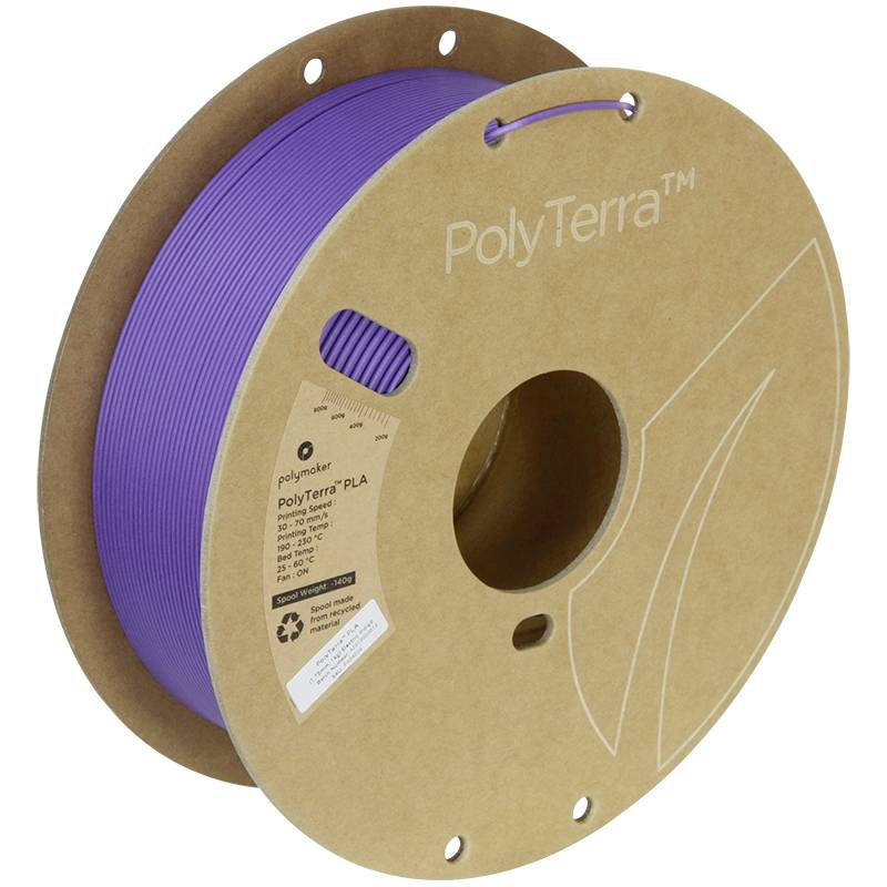 Lila Rolle mit 3D-Drucker-Filament aus biologisch abbaubarem PLA-Material, Marke 'PolyTerra' aus Kartonspule.