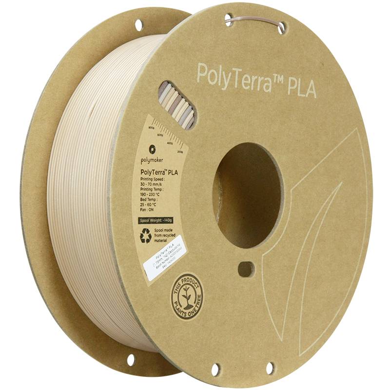 Eine Rolle PolyTerra PLA 3D-Druckfilament in natürlicher Farbe, auf umweltfreundlichem Kartonspulenkörper mit Recycling-Symbol.