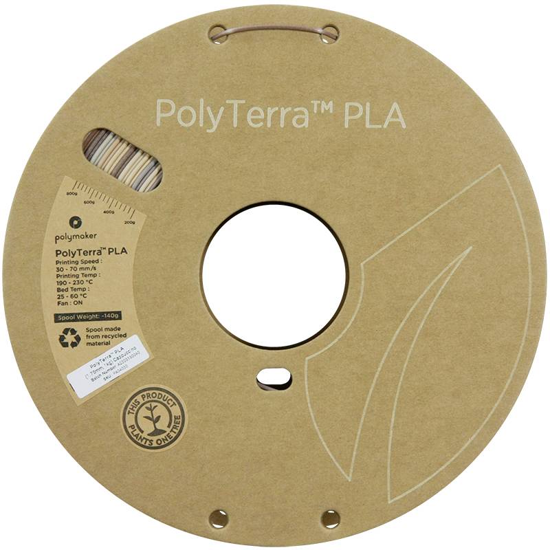 Eine Spule PolyTerra PLA-Filament mit Kartonverpackung, zeigt recycelbare Materialien, 1,75 mm Durchmesser und 1 kg Gewicht.