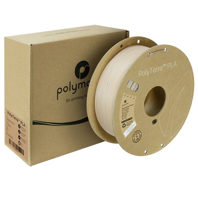 Ein Paket von Polymaker PolyTerra PLA 3D-Druckmaterial, beige Farbe. Enthält eine Rolle mit umweltfreundlichem PLA-Filament.