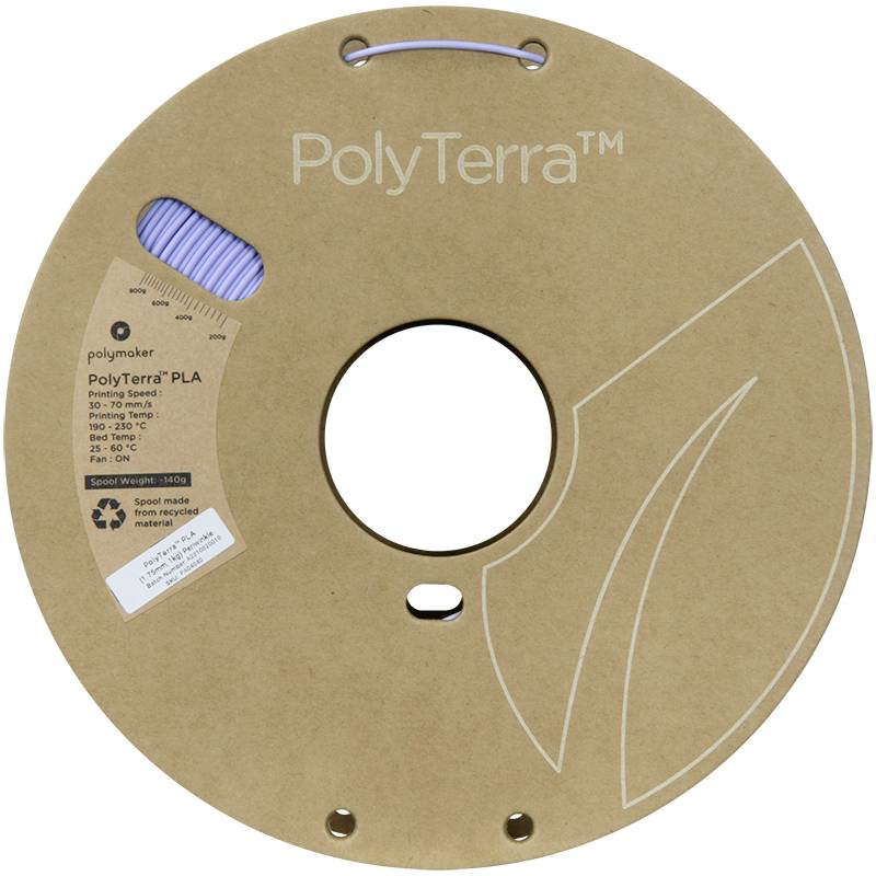 Kartonspule mit Aufschrift 'PolyTerra' aus PLA-Filament, lilafarben, von polymaker. Etikett zeigt Druckeinstellungen und Temperatur.