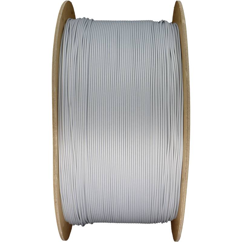 Große Rolle silbernes Drahtfilament, auf Holzspule gewickelt, zur Verwendung in 3D-Druckern.