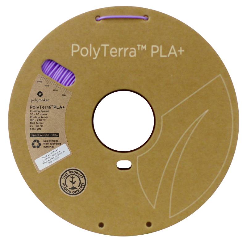 Eine braune Spule mit lila PLA+-Filament von PolyTerra, hergestellt aus nachhaltigen Materialien.