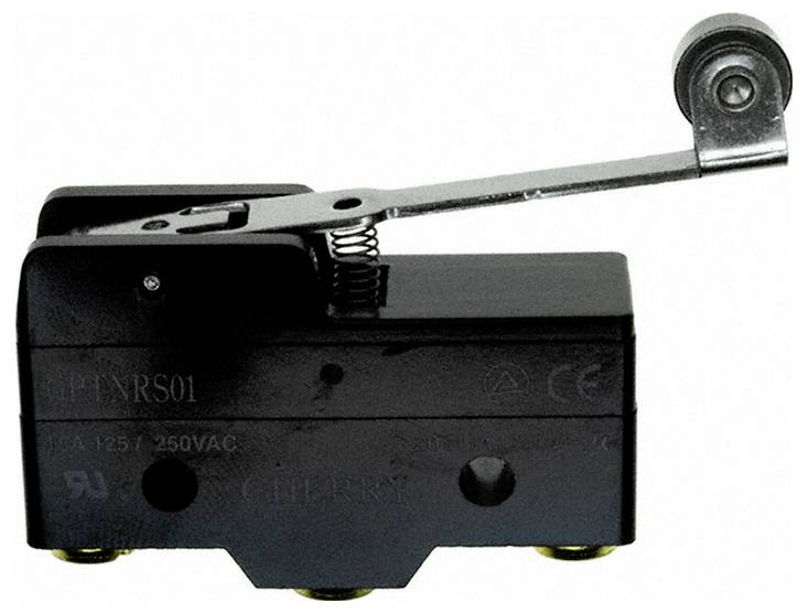 Ein schwarzer Mikroschalter mit metallischem Hebelarm, Modell RS01, mit einer Nennspannung von 125/250VAC, in einer Seitenansicht mit sichtbaren Zertifizierungszeichen.