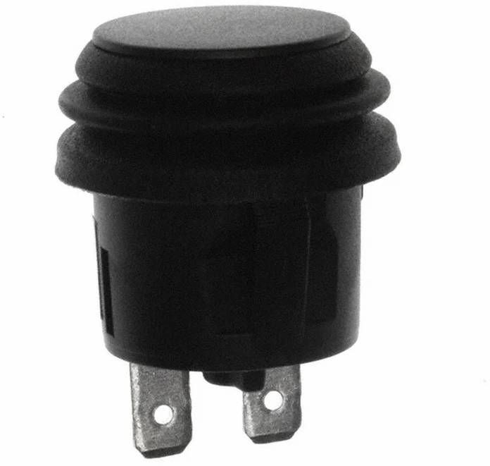 Ein schwarzer Druckschalter mit zwei Metallanschlüssen für elektrische Verbindungen, entwickelt zur Montage auf Bedienfeldern oder elektronischen Geräten.