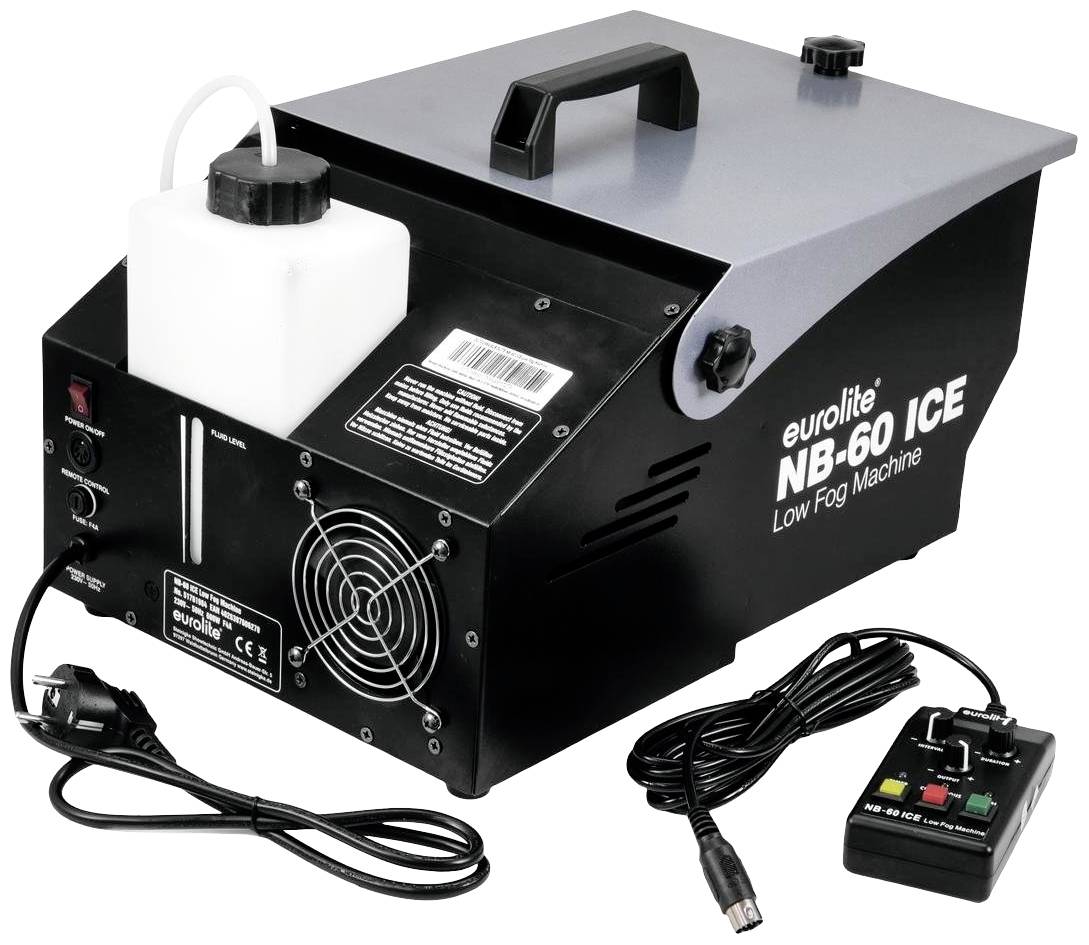 Nebelmaschine 'eurolite NB-60 ICE' mit Wassertank und Bedienfeld, geeignet für Bodennebel. Enthält Stromkabel und Fernbedienung.
