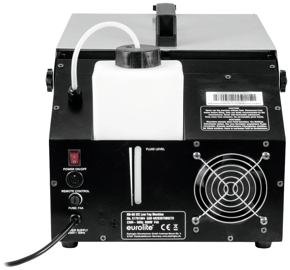 Nebelmaschine mit schwarzem Gehäuse, einem weißen Flüssigkeitsbehälter und einem Lüfter für den Nebelauslass.