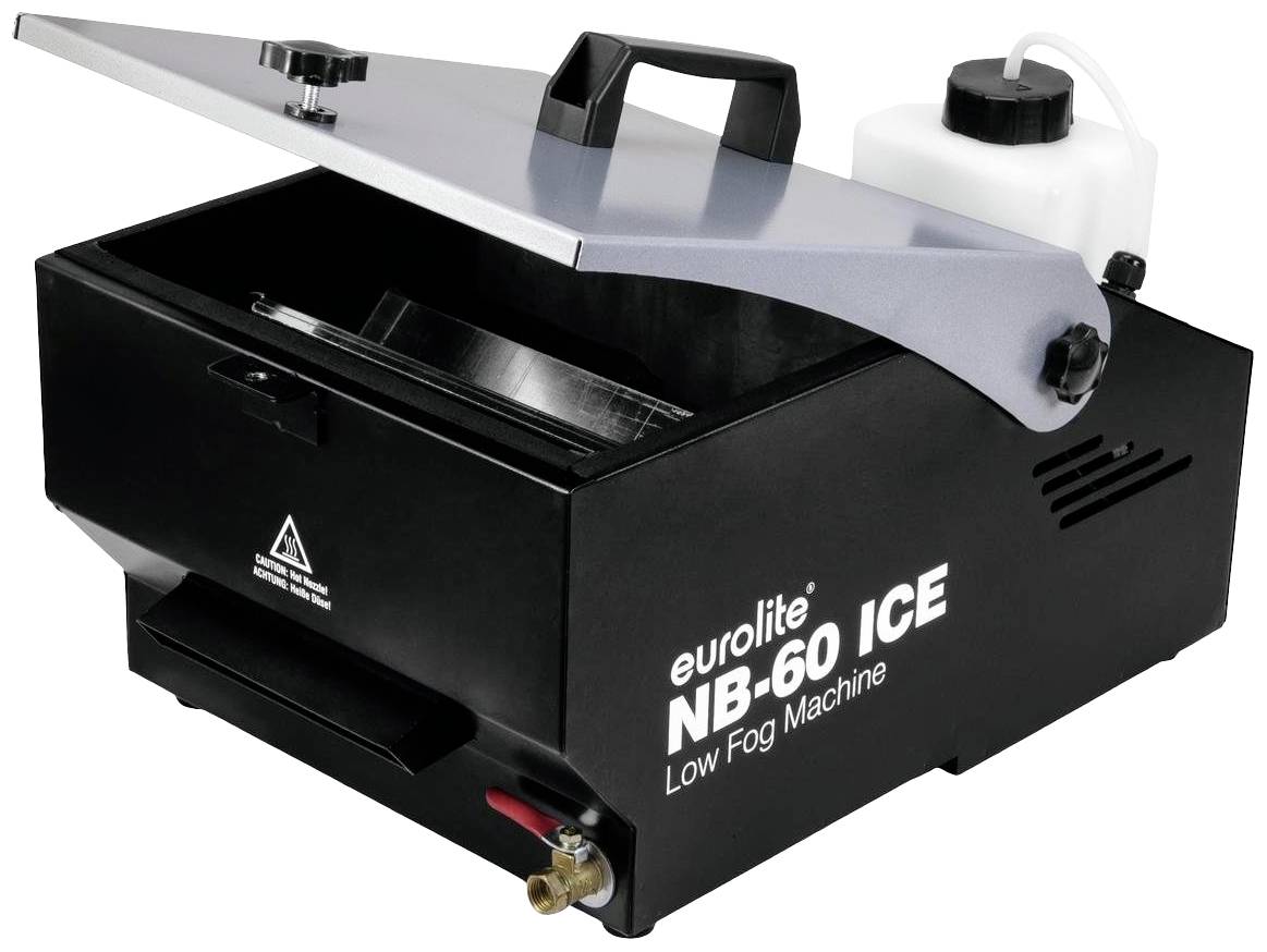 Nebelmaschine 'eurolite NB-60 ICE' mit geöffneter Klappe, zeigt den Innenraum. Sie ist schwarz mit weißem Text und hat einen Griff oben.