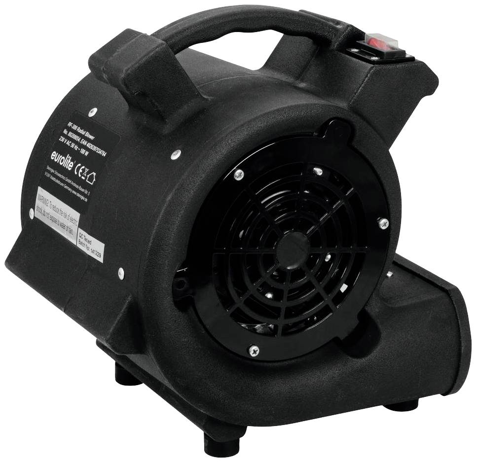 Schwarzer Ventilator mit Griff, Lüftungsgitter und Netzschalter, geeignet für Belüftung oder Bühnenanwendungen.