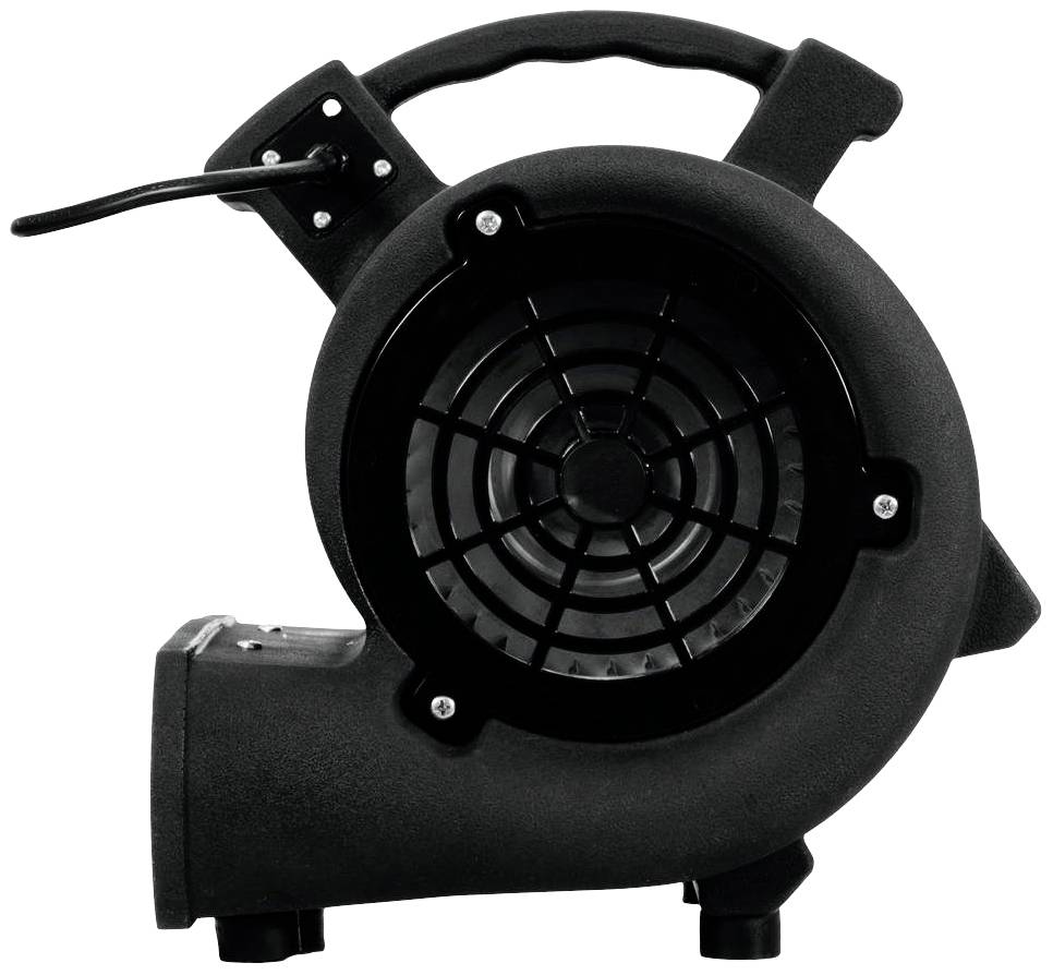 Ein schwarzer Lüfter, der zur Belüftung oder Trocknung verwendet wird, auf einer ebenen Oberfläche platziert.