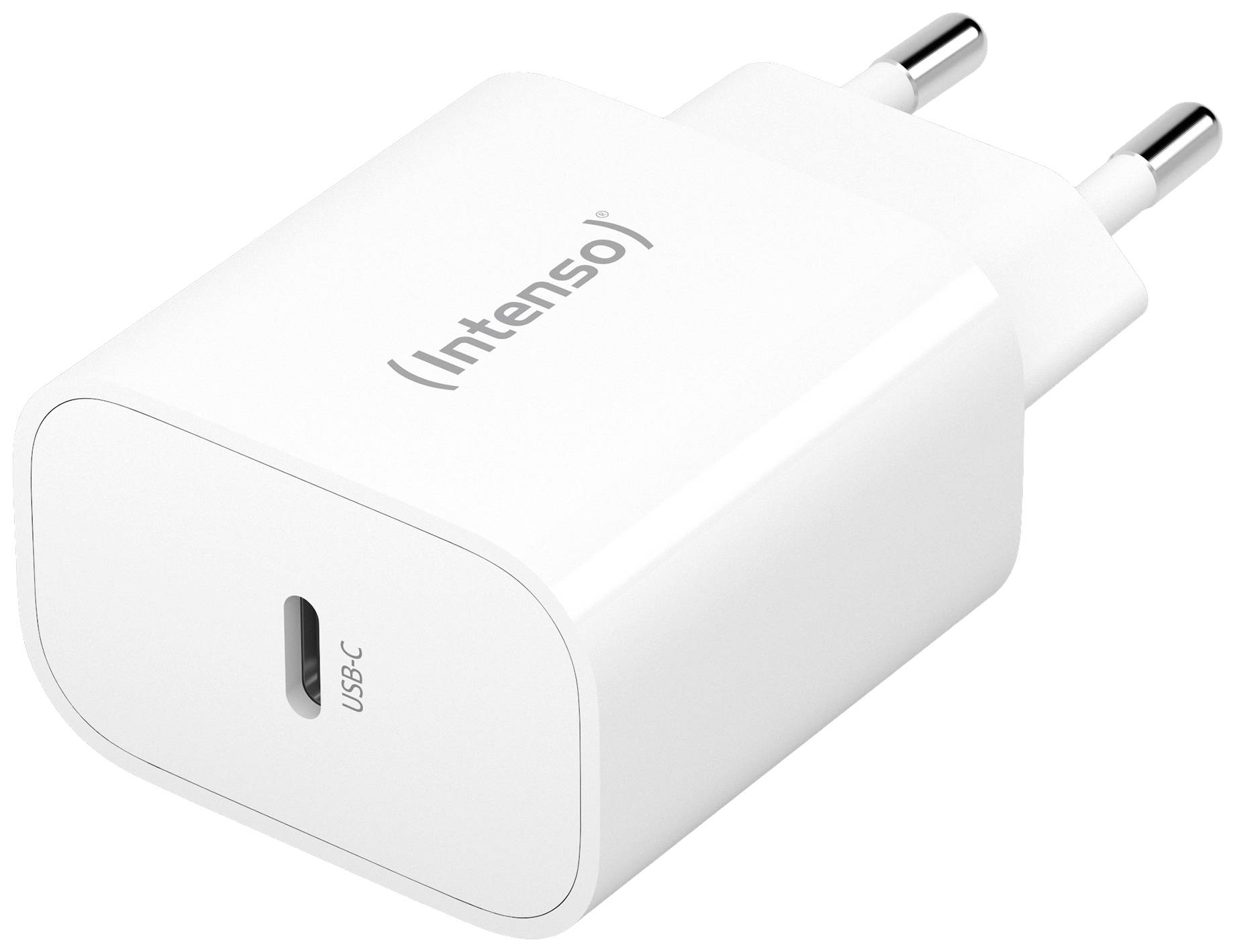Ein weißes USB-C-Ladegerät mit zwei runden Steckdosenstiften, auf dem 'Intenso' steht.
