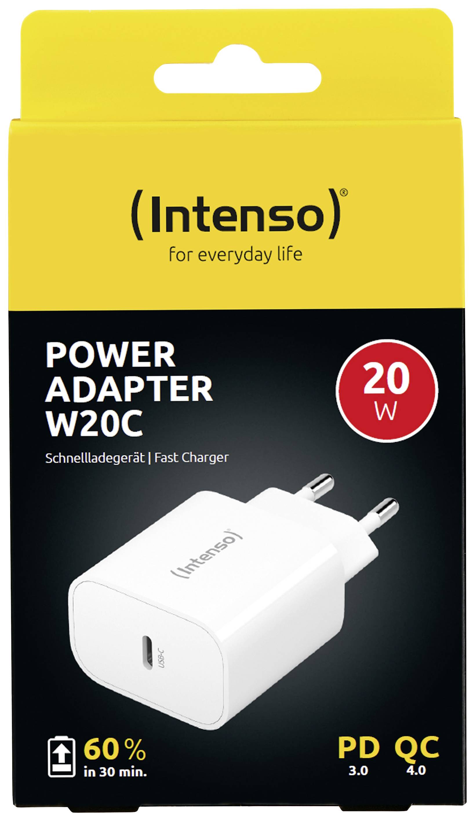 'Intenso Power Adapter W20C' Ladegerät Verpackung, 20W, Schnellladegerät, PD 3.0, QC 4.0.zeigt ein weißes USB-C-Netzteil.