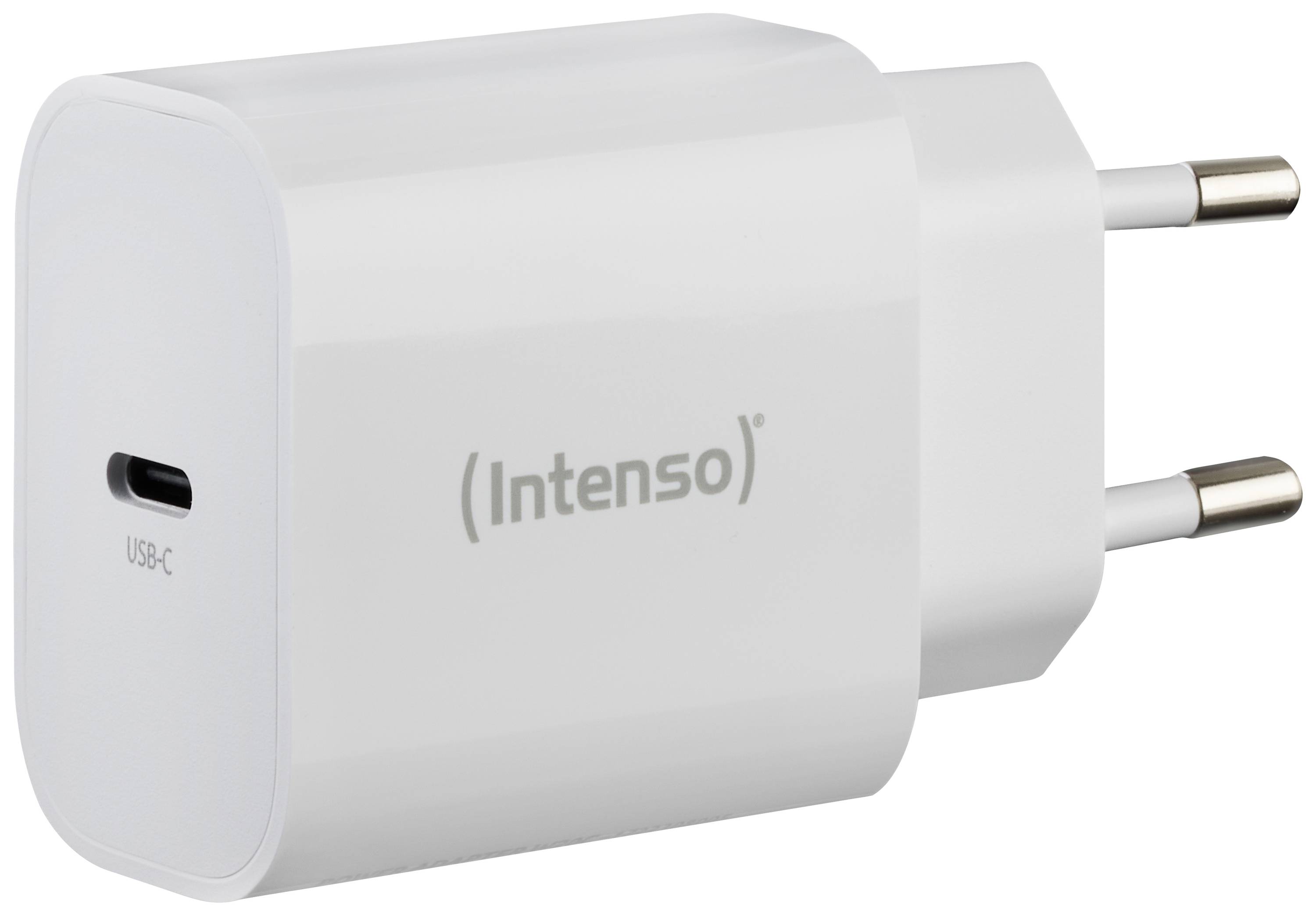 Ein weißes USB-C-Ladegerät von Intenso mit zwei runden Metallkontakten, geeignet für europäische Steckdosen.