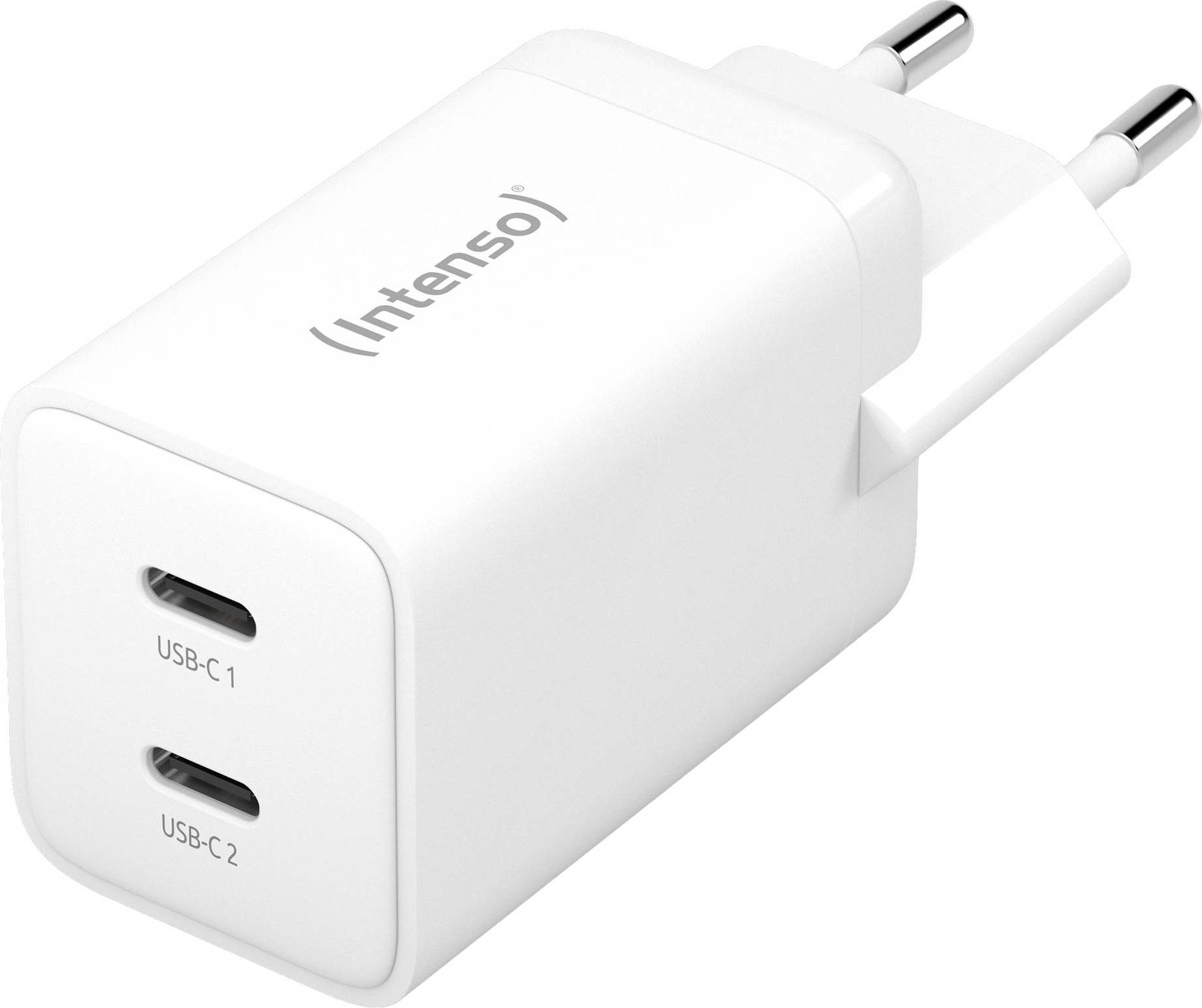 Weiße Intenso Wandladegerät mit zwei USB-C-Anschlüssen und EU-Flachstecker