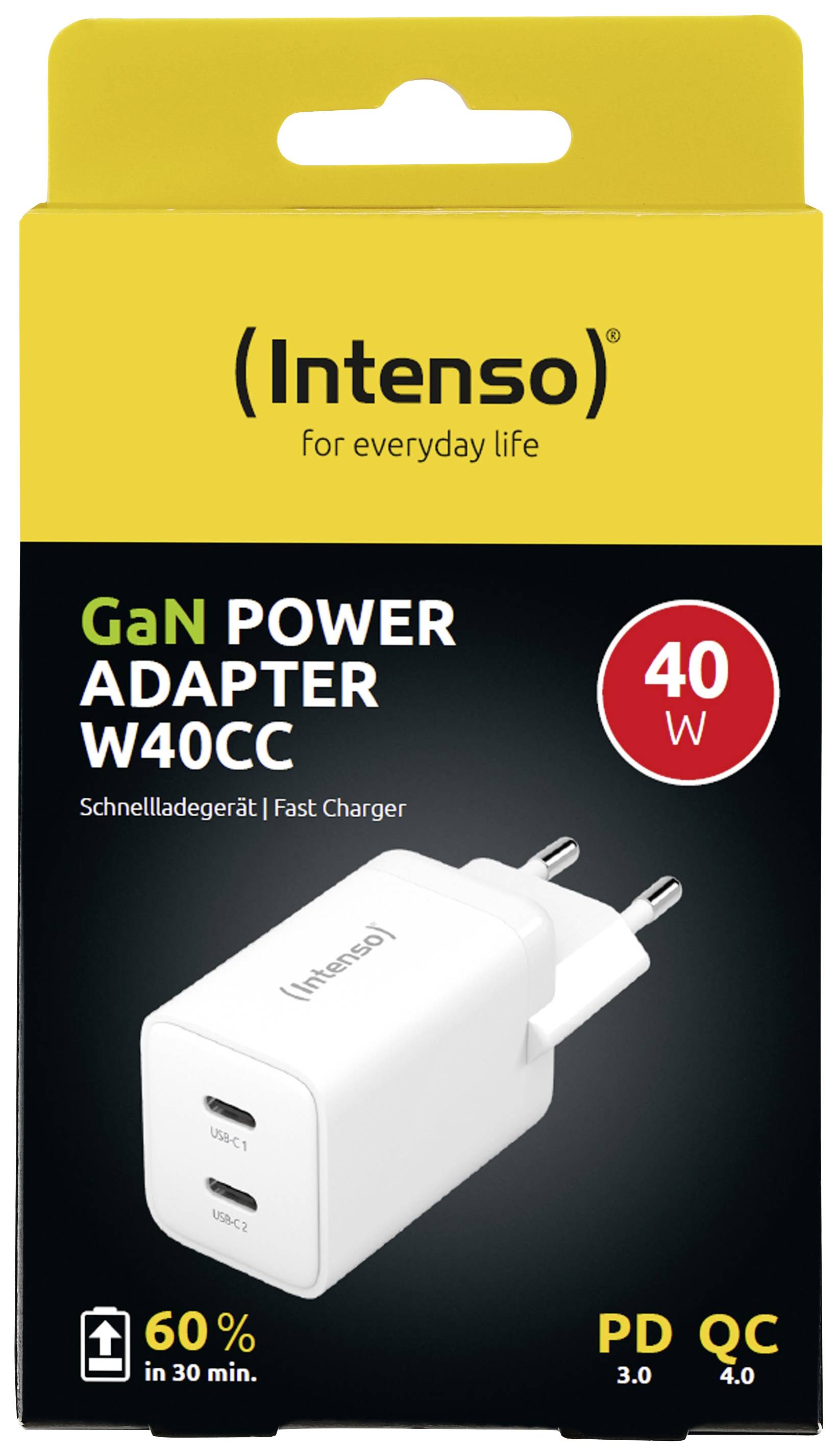 'Intenso GaN Power Adapter W40CC' Verpackung mit gelbem Hintergrund, 40 W Leistung, mit Schnellladefunktion PD 3.0 und QC 4.0.