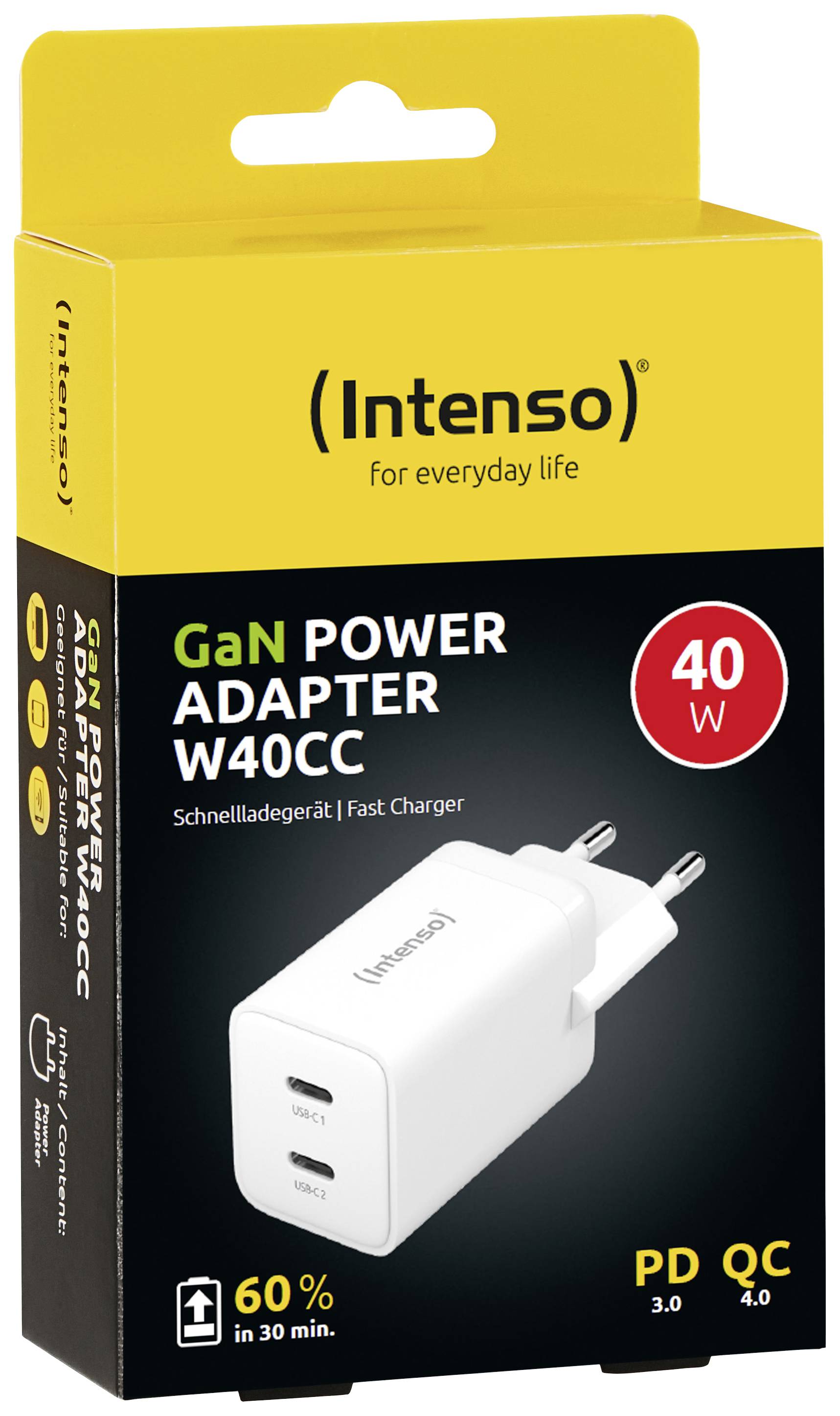 GaN-Schnellladegerät 'Intenso W40CC', 40W, 60% Ladung in 30 Min., Dual-USB-C, PD 3.0, QC 4.0, Verpackung in Gelb und Schwarz.