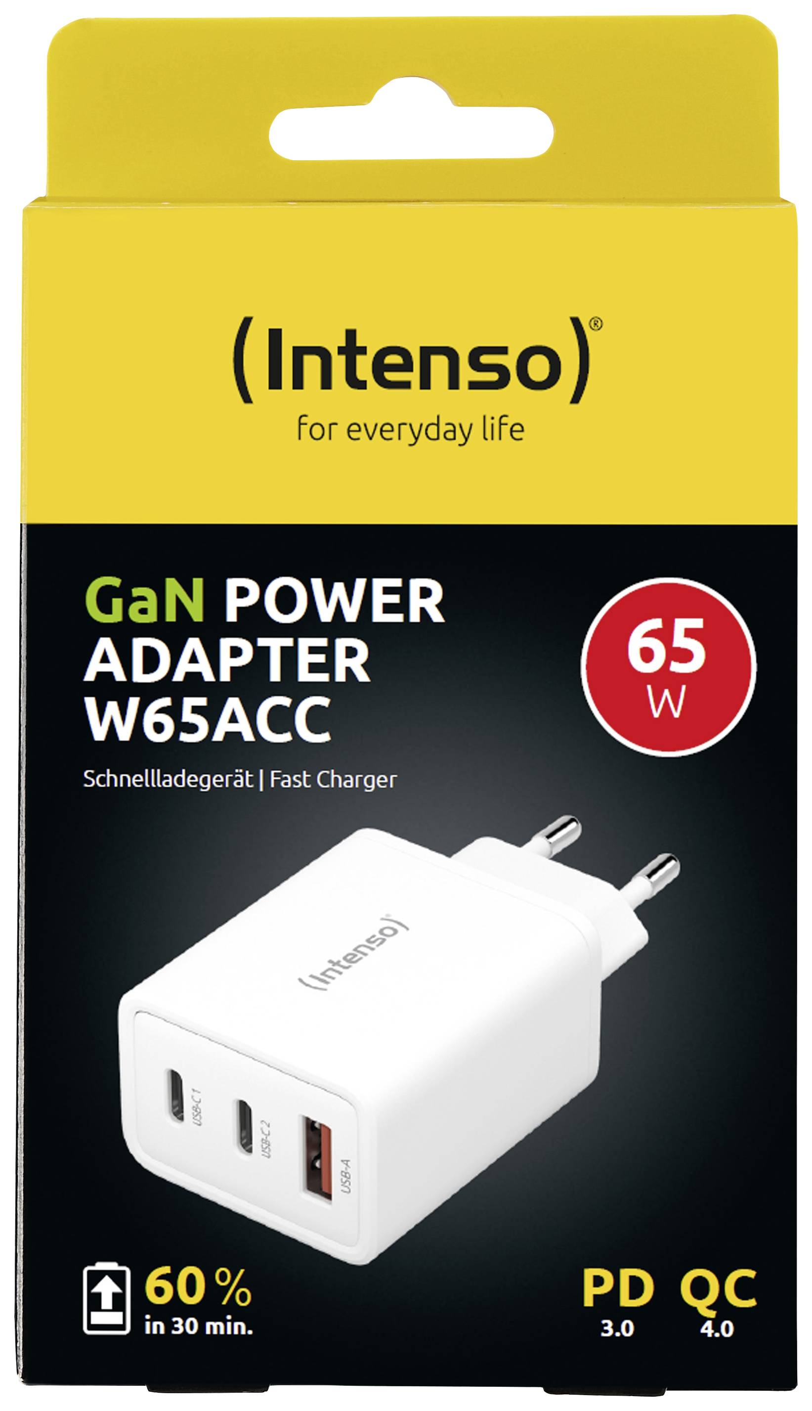Gelbe Verpackung eines Intenso GaN Power Adapters W65ACC. Zeigt ein weißes Ladegerät mit drei Anschlüssen. 65 Watt, Schnellladegerät.