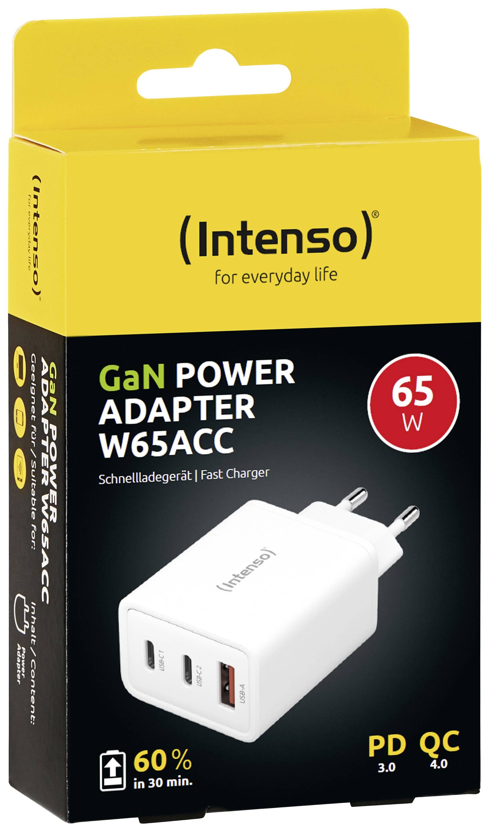 Gelber Karton mit der Aufschrift 'Intenso GaN Power Adapter W65ACC'. Enthält ein weißes Ladegerät mit USB-C- und USB-A-Anschlüssen.