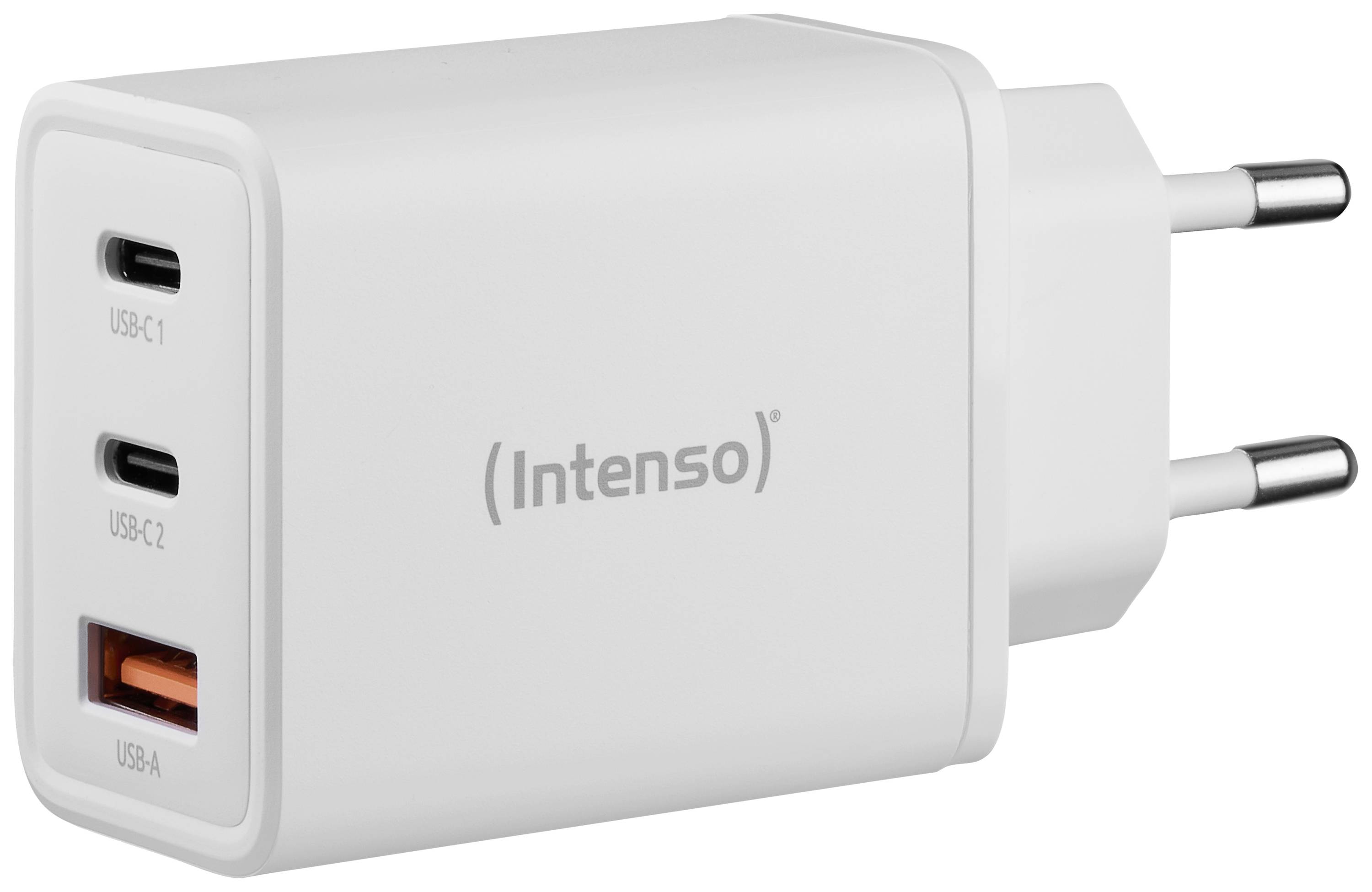 Ein weißes USB-Ladegerät mit dem Markennamen 'Intenso'. Es verfügt über zwei USB-C-Anschlüsse und einen USB-A-Anschluss.