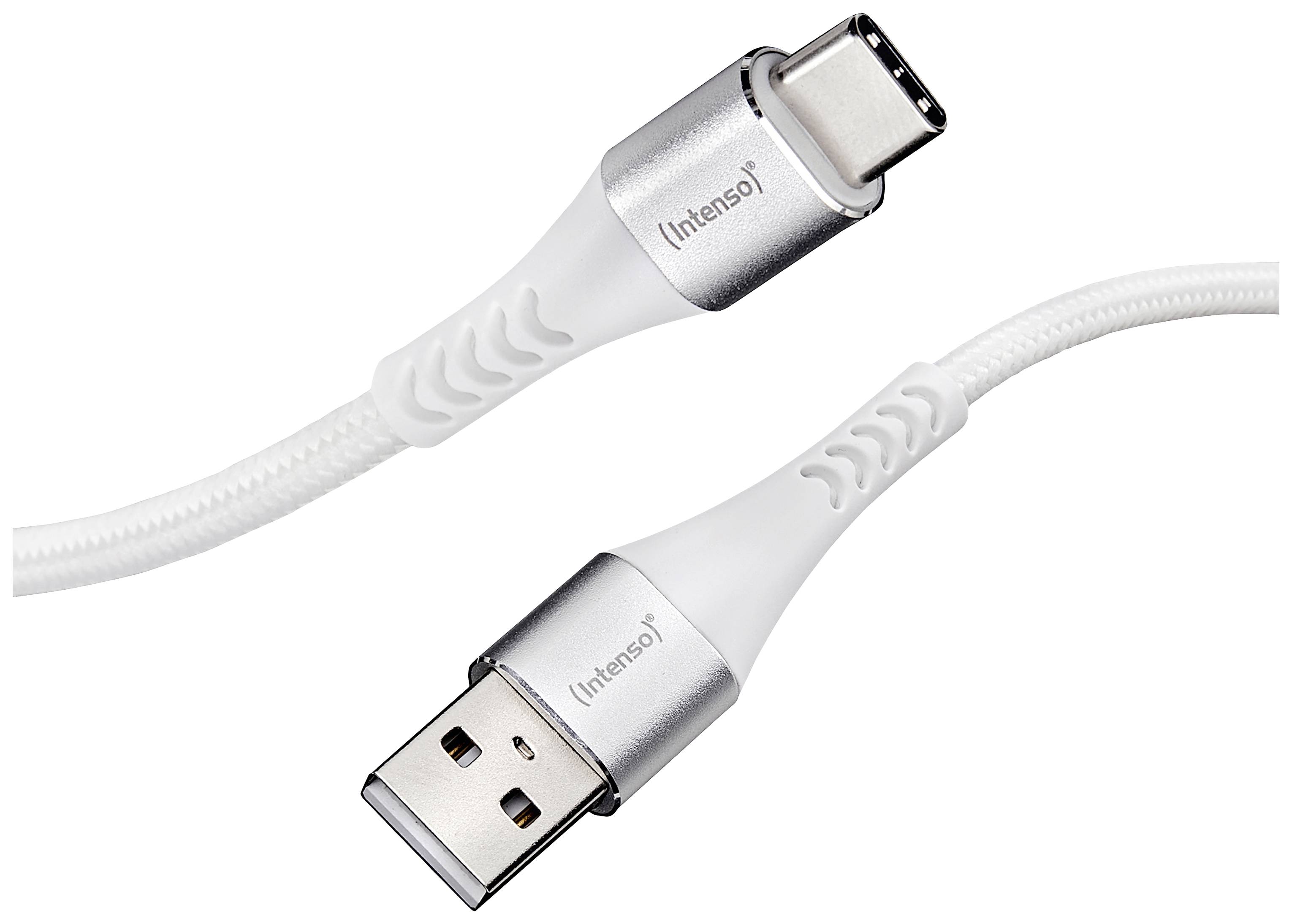 Ein USB-A-auf-USB-C-Kabel mit silbernen Anschlüssen und weißem Kabel, geeignet für Datenübertragung und Laden elektronischer Geräte.