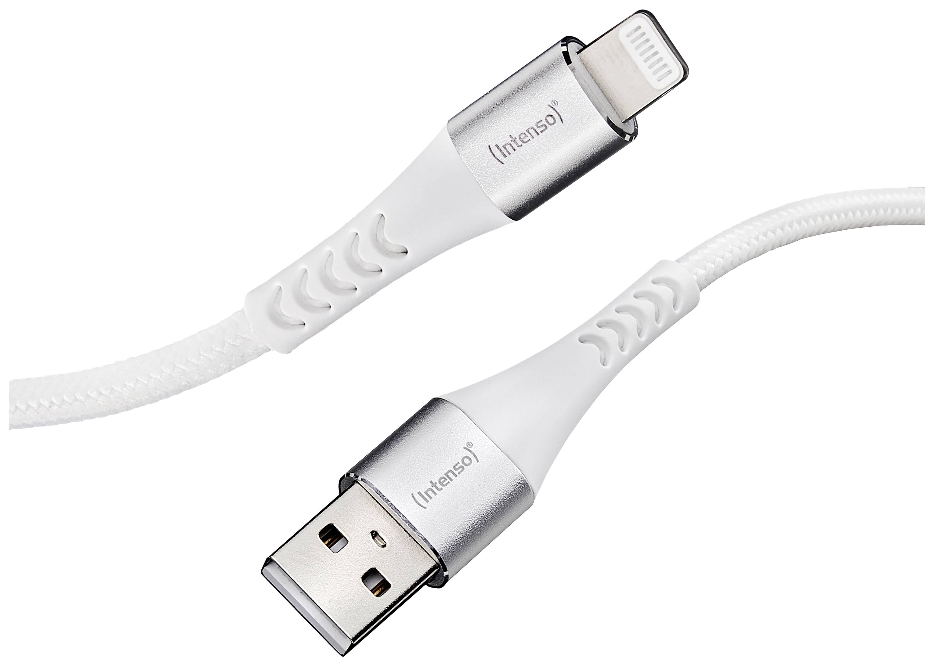 USB-auf-Lightning-Kabel von Intenso, weiß, mit verstärktem Anschluss, geeignet zum Laden oder Synchronisieren von Apple-Geräten.