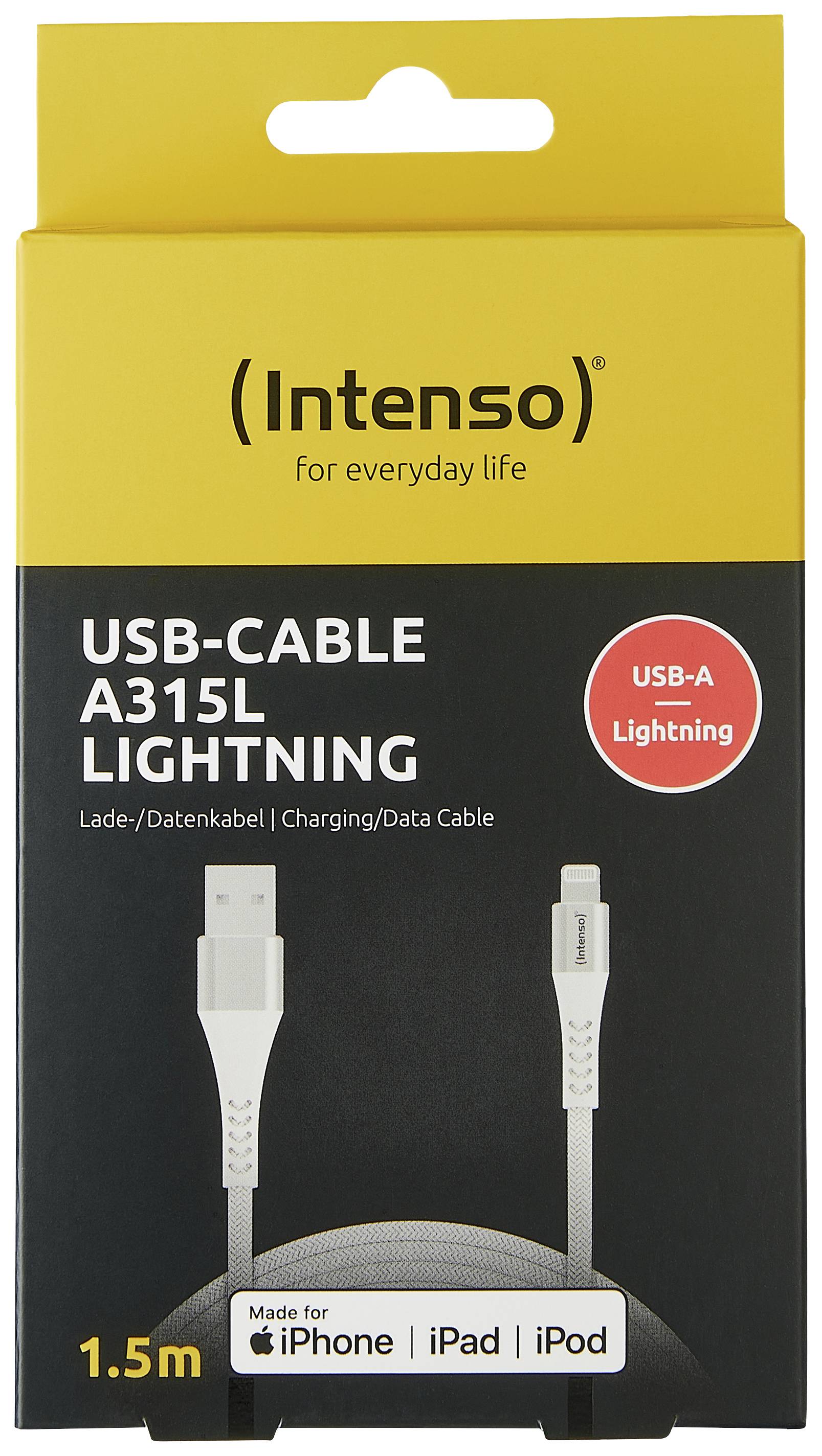 'Intenso' USB-Kabel A315L Lightning, 1,5 m, geeignet für iPhone, iPad, iPod. Verpackung zeigt Bild des Kabels mit USB-A und Lightning-Anschluss.