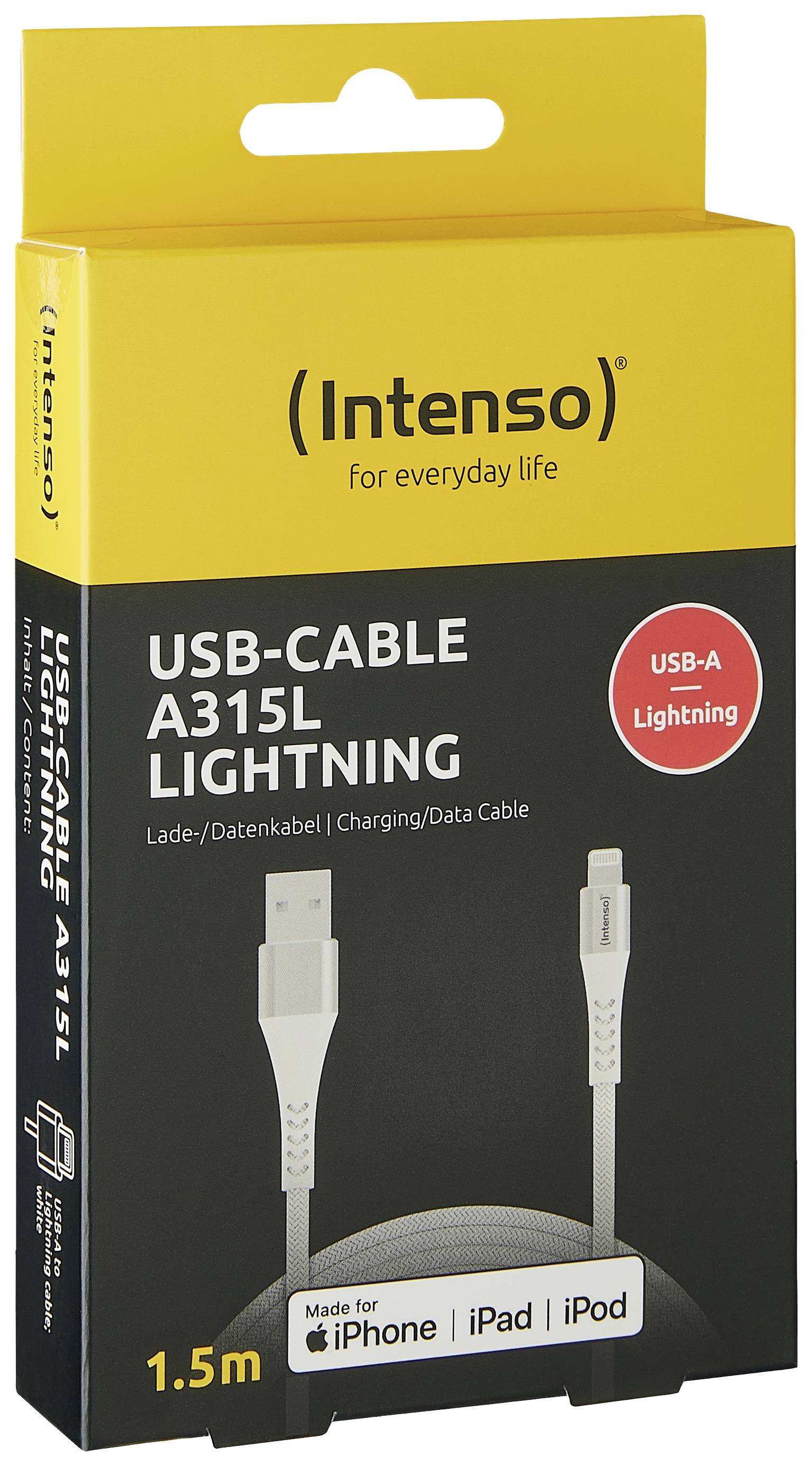 'USB-Kabel A315L Lightning' von Intenso in gelber Verpackung. Kompatibel mit iPhone, iPad, iPod. Länge 1,5 m. USB-A auf Lightning.