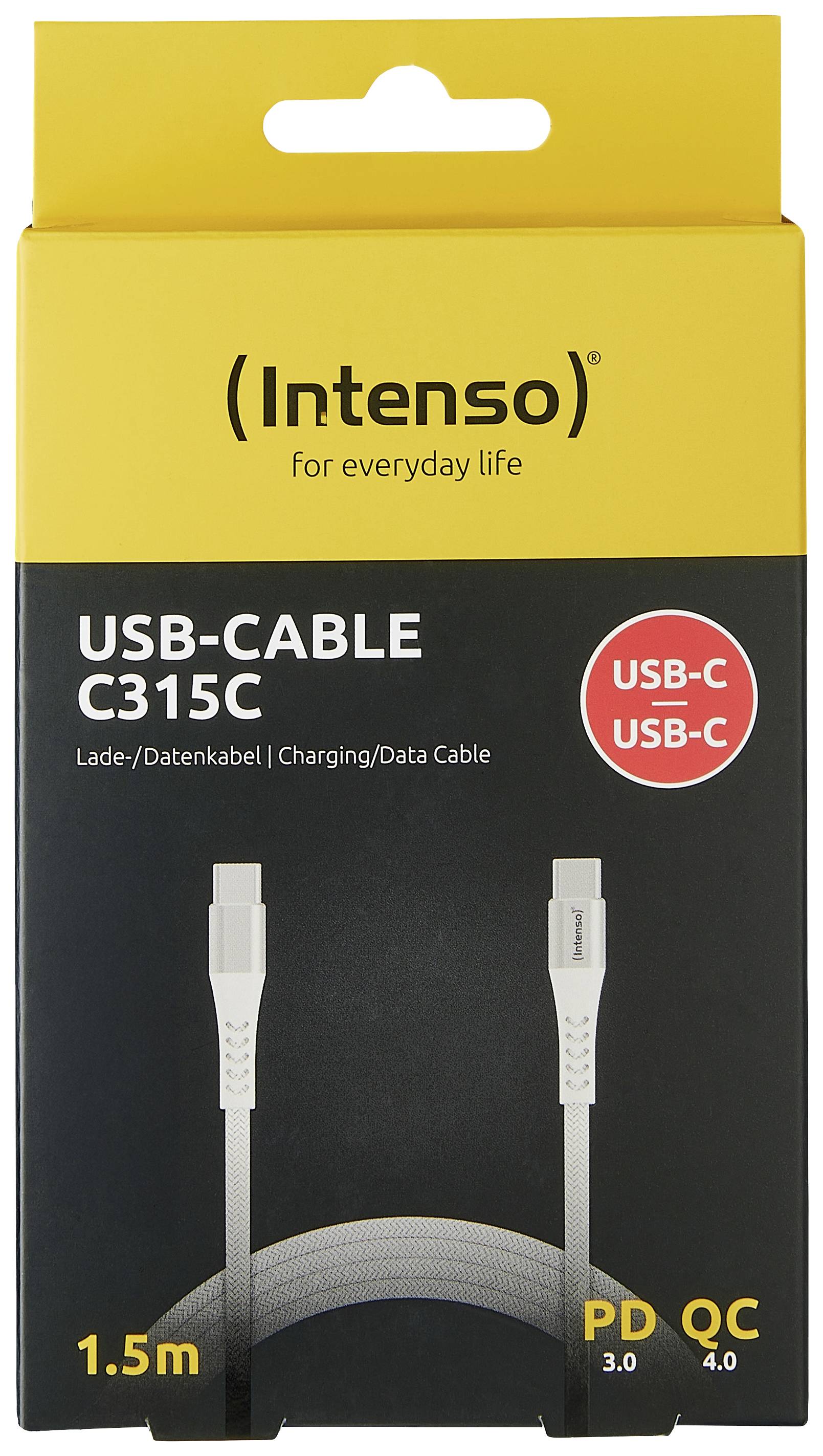 USB-C-Kabel C315C von Intenso, 1,5m, für Datenladung, grau. Unterstützt PD 3.0 und QC 4.0. Verpackung in Gelb mit Produktabbildung.
