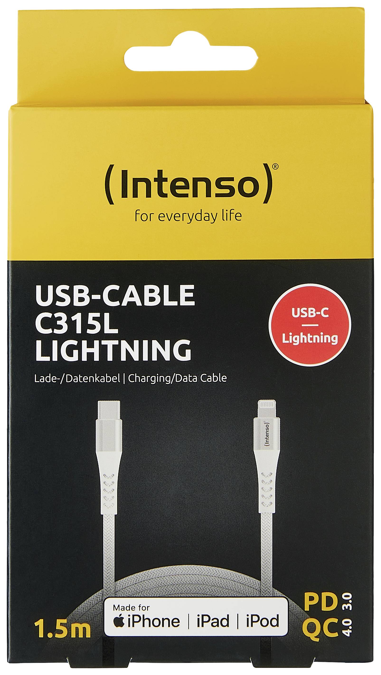 'Intenso' USB-C zu Lightning Kabel-Verpackung zeigt 1,5 m Lade- und Datenkabel, kompatibel mit iPhone, iPad, iPod.