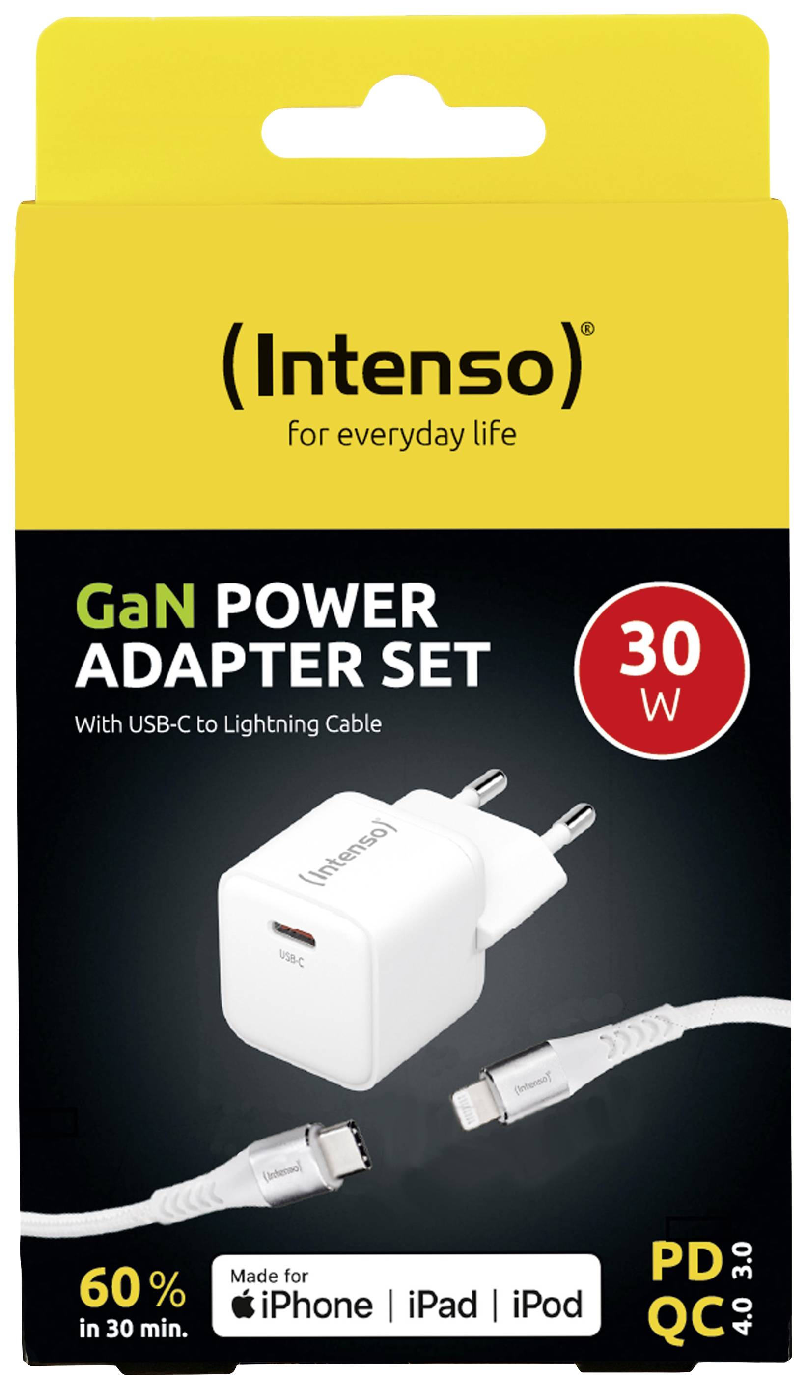 Intenso W30C GaN + C315L USB Ladegerät 30W 1x USB-C®, 1x Apple Lightning Weiß Innenbereich GaN, USB Power Delivery (USB-PD)
