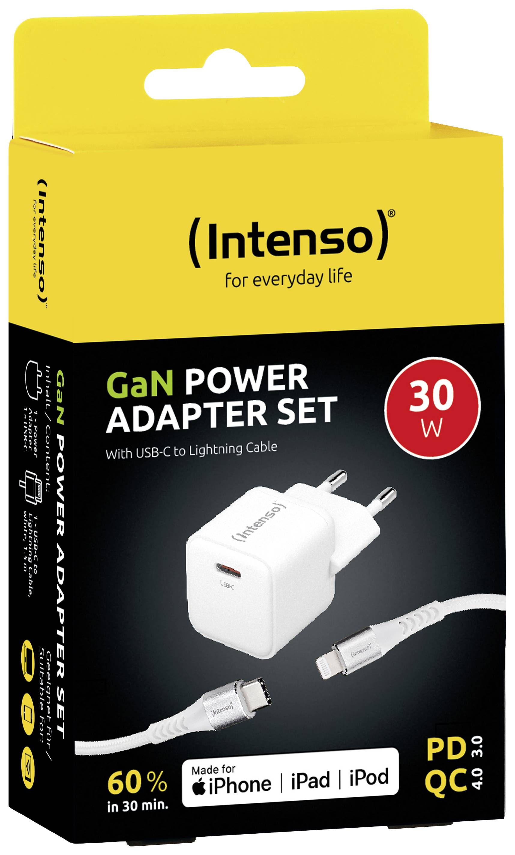 Intenso W30C GaN + C315L USB Ladegerät 30W 1x USB-C®, 1x Apple Lightning Weiß Innenbereich GaN, USB Power Delivery (USB-PD)
