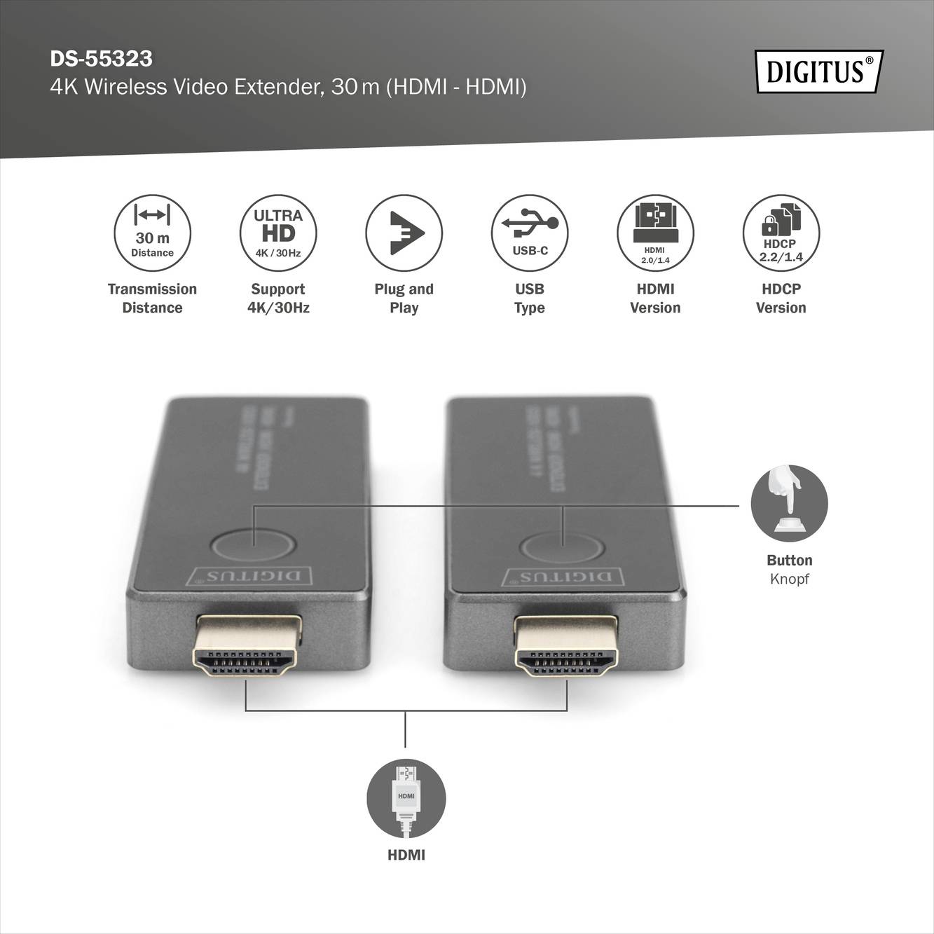 Digitus DS-55323 HDMI-Funkübertragung (Set) 30m 3840 x 2160 Pixel integrierte LED-Anzeige, mobile Variante