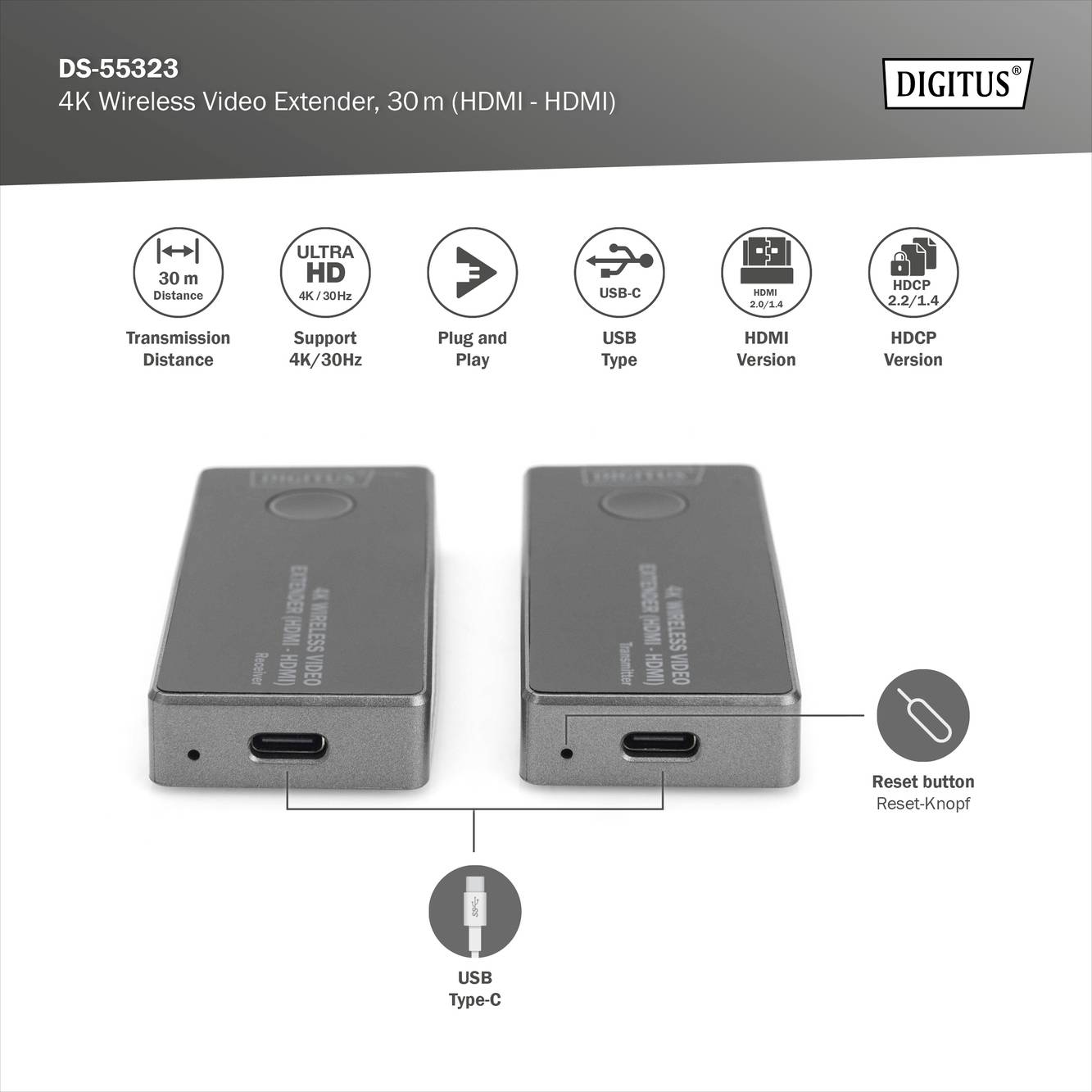 Digitus DS-55323 HDMI-Funkübertragung (Set) 30m 3840 x 2160 Pixel integrierte LED-Anzeige, mobile Variante